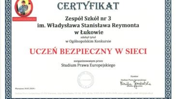 Reymont po raz kolejny z certyfikatem „Uczeń Bezpieczny w Sieci”
